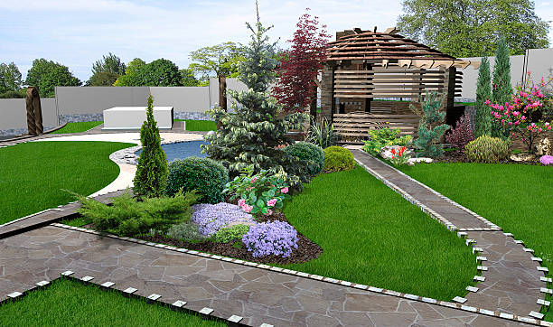 patio horticultural background, 3d rendering - landscape design landscaped plan imagens e fotografias de stock