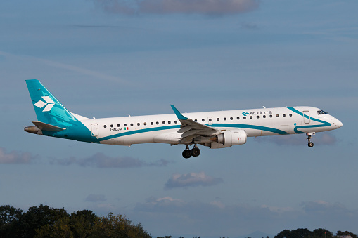 Prague, Czech Republic - August 30, 2016:  Air Dolomiti Embraer 195LR lands at PRG Airport on August 30, 2016. Air Dolomiti is an Italian regional airline.