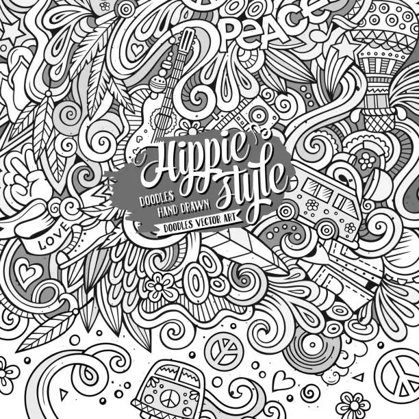 Vector illustration of Cartoon hand-drawn doodles hippie illustration