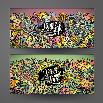 Cartoon colorful vector hand drawn doodles hippie corporate identity. 2 Horizontal banners design. Templates set