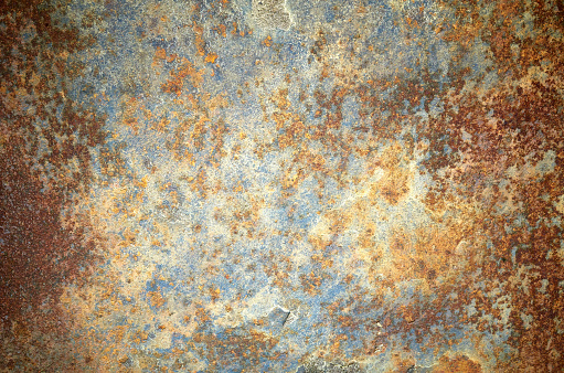 Rusty grunge old empty sheet metal wall texture background, full frame