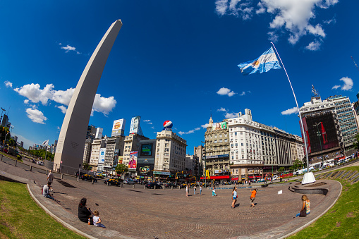 Buenos Aires, Argentina - December 27, 2012: View of the Obelisco de Buenos Aires in Plaza de la Republica in Buenos Aires, Argentina.
