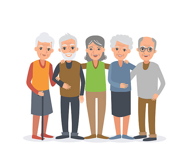 Elderly people Group of elderly people stand together. Vector people illustration isolated on white background. gold ira for seniors stock illustrations