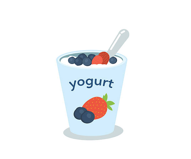 ilustraciones, imágenes clip art, dibujos animados e iconos de stock de yogur  - yogurt yogurt container strawberry spoon