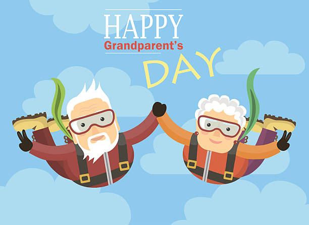 grandparents jump with a parachute and holding hands Greeting card happy grandparents. Grandparents skydive in the sky. senior citizen day stock illustrations