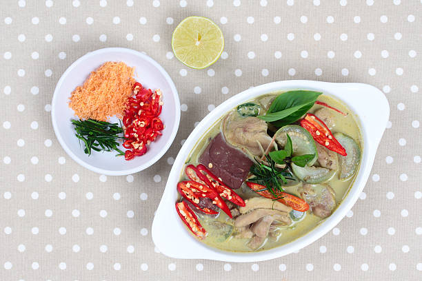 Green chicken curry in coconut milk served with side dish.