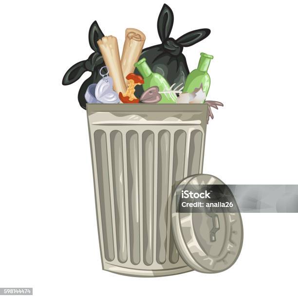 Illustration Of A Cartoon Trash Can Stock Illustration - Download Image Now - Garbage Can, Apple - Fruit, Bottle