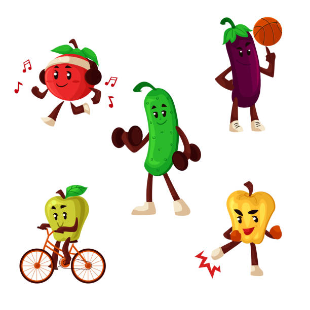 ilustraciones, imágenes clip art, dibujos animados e iconos de stock de frutas y verduras haciendo ejercicios deportivos - vegetable basket