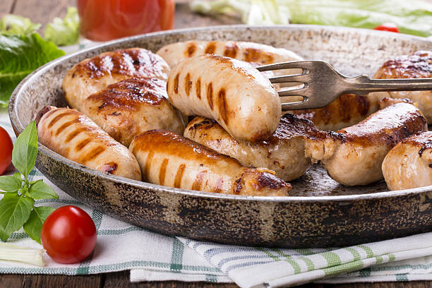 Grilled chicken sausages and burgers.