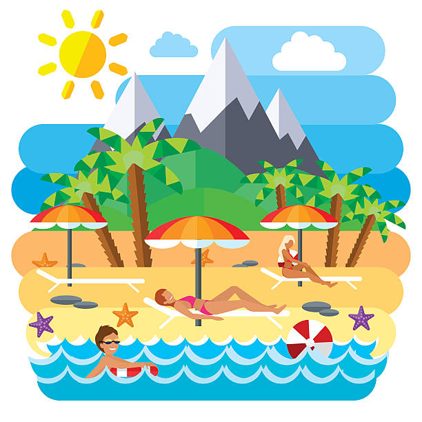 ilustrações, clipart, desenhos animados e ícones de ilustração plana da praia de verão - beach tropical climate palm tree deck chair