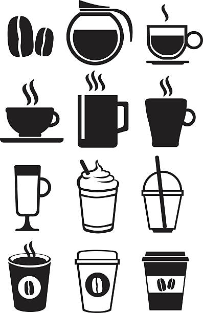 Black and White Coffee Beverages Vector Icon Set Vector illustration of coffee beverage icon set isolated on white background. coffee cup coffee hot chocolate coffee bean stock illustrations