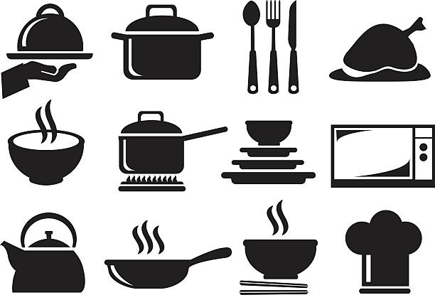 ilustraciones, imágenes clip art, dibujos animados e iconos de stock de conjunto de iconos de vectores de utensilios de cocina - cooked soup food bowl