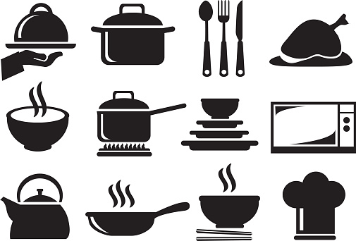 Black and white vector icons of kitchen utensils and equipment for cooking and food preparation isolated on white background.