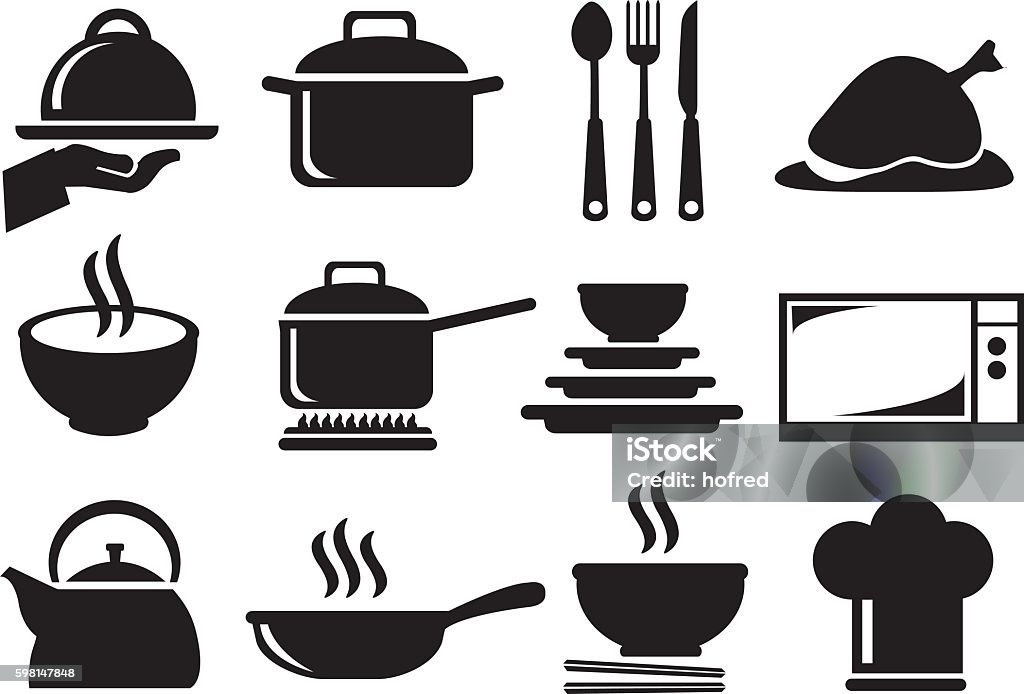 Kitchen Utensil Vector Icon Set Black and white vector icons of kitchen utensils and equipment for cooking and food preparation isolated on white background. Cooking Pan stock vector