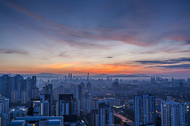 istock Kuala Lumpur cityscape at dawn with cloudy orange sky, wide 598148204