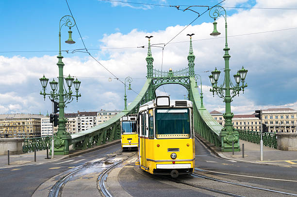istock Historic trams on Freedom Bridge in Budapest, Hungary 598148792
