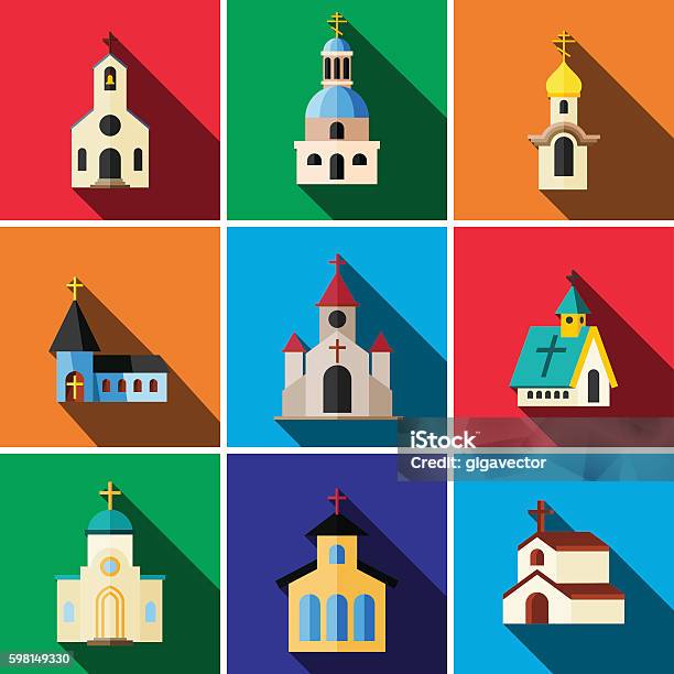 Church Flat Icon Set Stock Illustration - Download Image Now - Church, Architecture, Built Structure