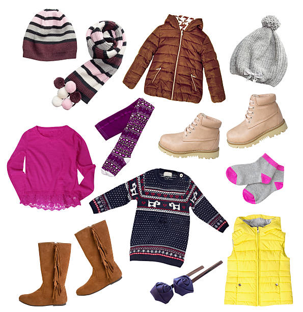 Child girl winter autumn clothes set isolated. Fashion child girl's clothes set isolated on white. Autumn winter apparel collage. kids winter fashion stock pictures, royalty-free photos & images