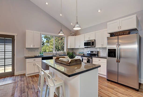 istock Interior of kitchen room with high vaulted ceiling. 598154596