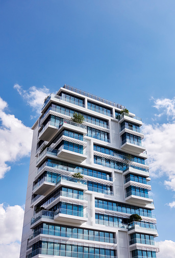 Low angle view of a brand new apartment house in Berlin, Germany.