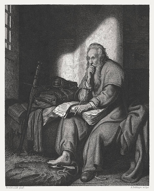 apostoł paweł w więzieniu, grawerowanie miedzi po rembrandt, opublikowane c.1880 - apostle stock illustrations