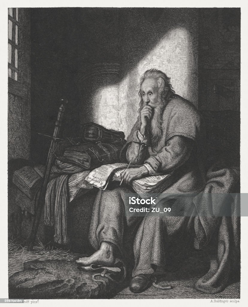 Apostle Paul in prison, copper engraving after Rembrandt, published c.1880 Apostle Paul in prison (1627). Copper engraving after an oil painting by Rembrandt Van Rijn (Dutch painter, 1606 - 1669 in the State Gallery Stuttgart, published c. 1880. Apostle - Worshipper stock illustration