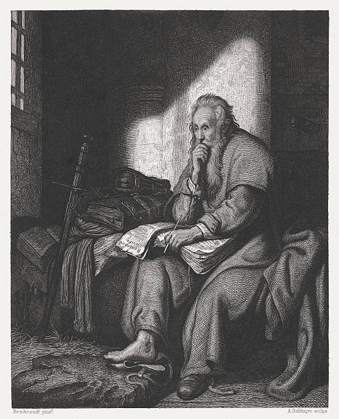 Apostle Paul in prison, copper engraving after Rembrandt, published c.1880 Apostle Paul in prison (1627). Copper engraving after an oil painting by Rembrandt Van Rijn (Dutch painter, 1606 - 1669 in the State Gallery Stuttgart, published c. 1880. apostle worshipper stock illustrations