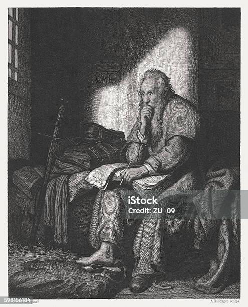 Apostle Paul In Prison Copper Engraving After Rembrandt Published C1880 Stock Illustration - Download Image Now