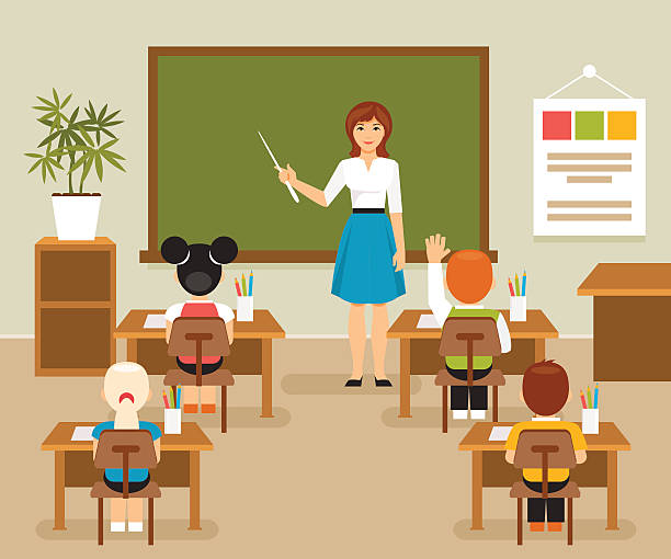 Classroom with teacher and students School lesson with the teacher at the blackboard. Classroom. Children at a school desk. Vector illustration, flat style kids classroomv stock illustrations