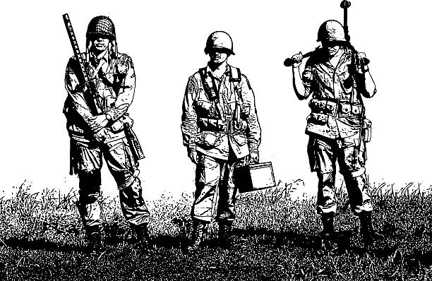 ilustraciones, imágenes clip art, dibujos animados e iconos de stock de soldados exhaustos de la tripulación de la ametralladora ww2 - allied forces illustrations