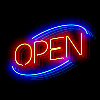 Open neon sign with reflection. Vector illustration with transparent effect, eps10.