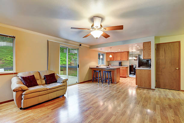 istock Cozy hardwood living room with open floor plan 598161152