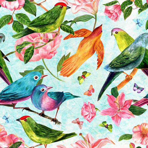 istock Seamless pattern with watercolor flowers, birds and butterflies 598162298
