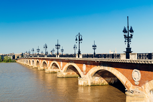 Pont de Pierre across the Garonne River at Bordeaux, France.