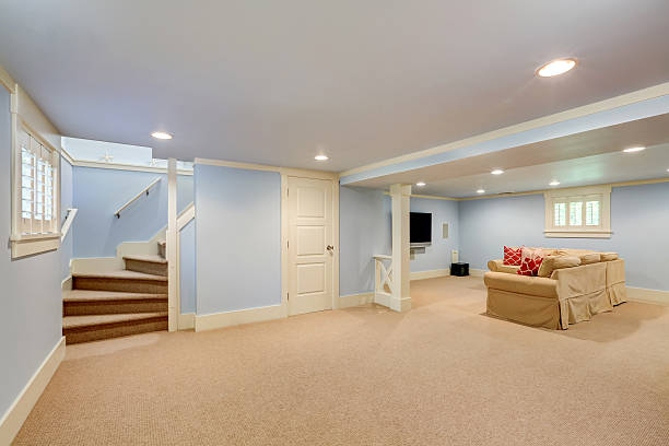 istock Spacious basement room interior in pastel blue tones 598164734