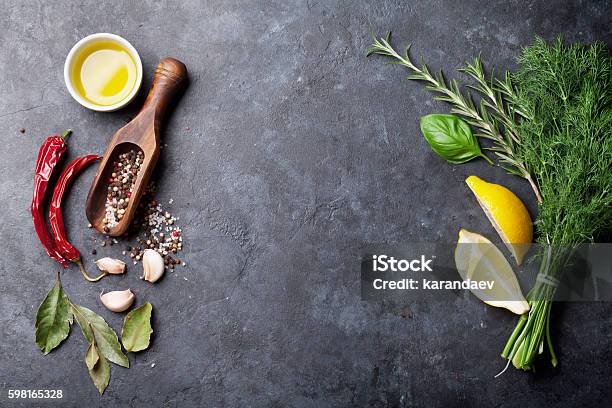 Herbs And Spices Stock Photo - Download Image Now - Above, Backgrounds, Basil