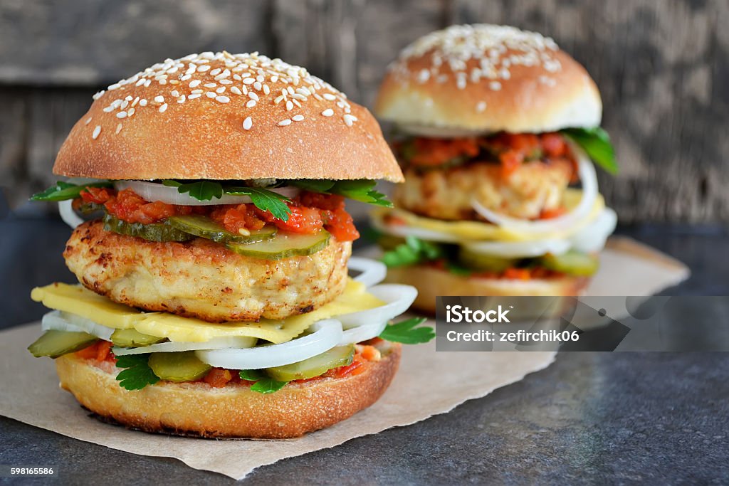 Homemade burger with cheese, meatballs and sauce Backgrounds Stock Photo
