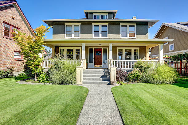 Nice curb appeal of American craftsman style house. stock photo