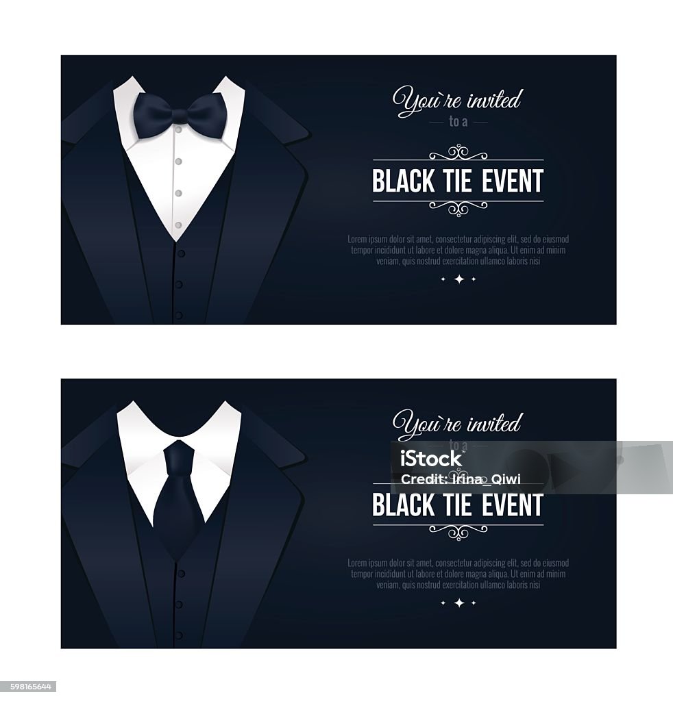 Two horizontal Black Tie Event Invitations. Two horizontal Black Tie Event Invitations.  Elegant black and white cards. Black banners set with businessman suits. Vector illustration Invitation stock vector