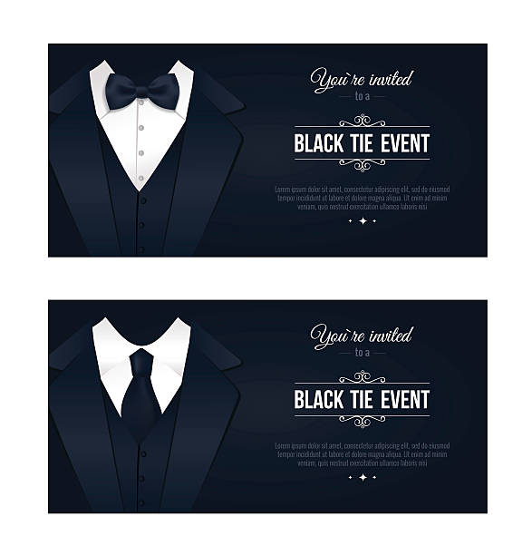 Two horizontal Black Tie Event Invitations. Two horizontal Black Tie Event Invitations.  Elegant black and white cards. Black banners set with businessman suits. Vector illustration dressing up stock illustrations