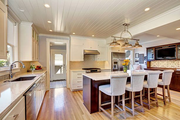 istock White interior of kitchen room with large kitchen island. 598166090