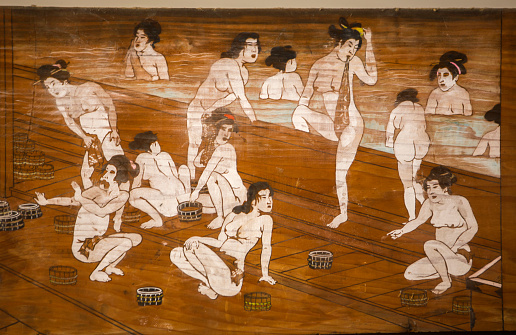 kyoto,japan - May 30, 2016: Wall painting of japanese women in traditional old bath is located at toei studio of kyoto japan