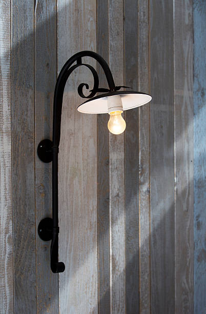 istock stylish rustic lamp on a wooden wall 598171544