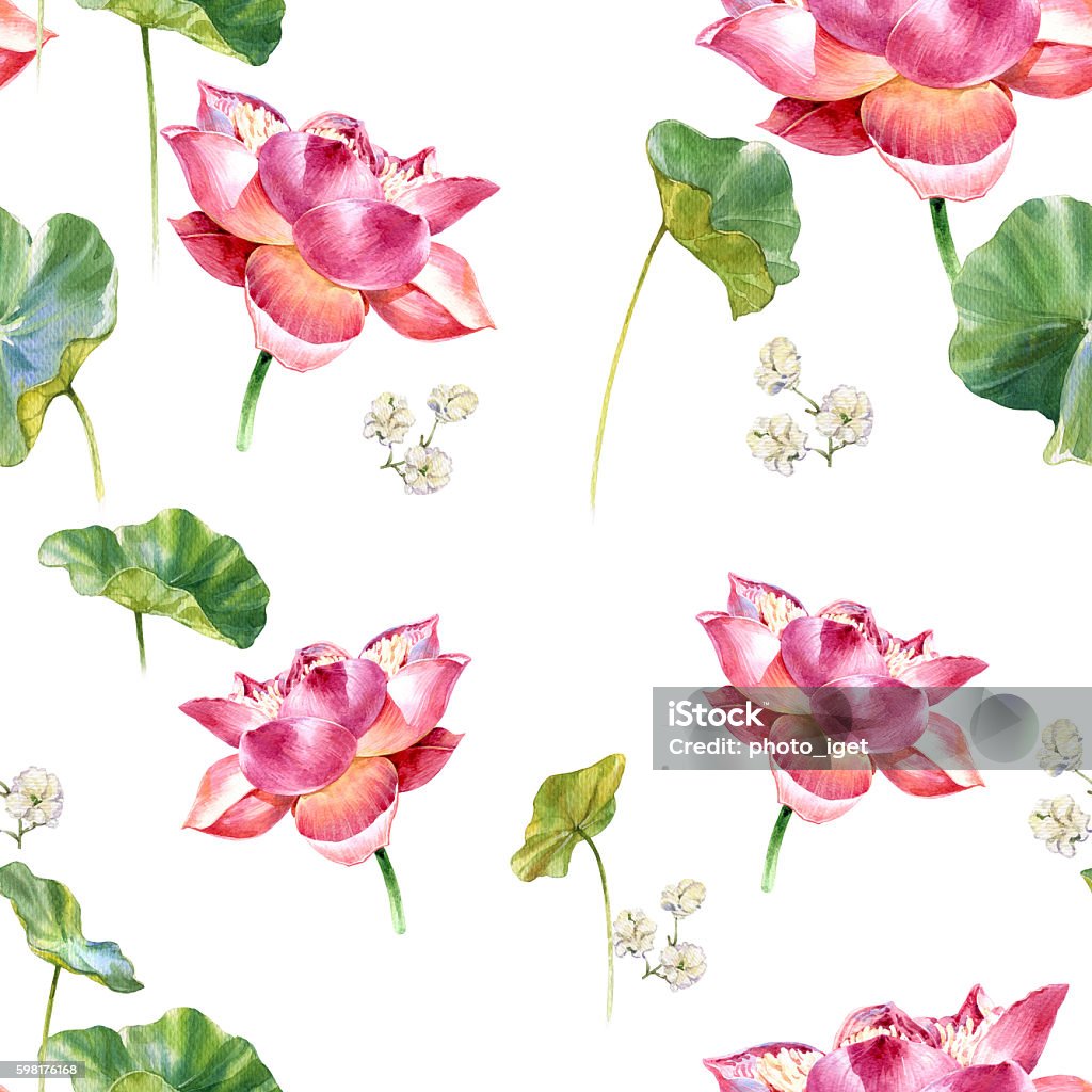 Watercolor illustration painting of leafs and lotus , seamless pattern Watercolor illustration painting of leafs and lotus , seamless pattern on white background Abstract Stock Photo