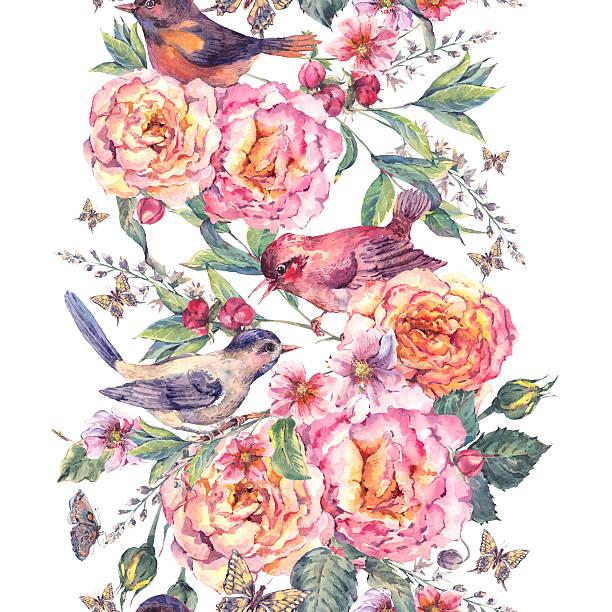 istock Watercolor seamless border. Birds and rose 598177460