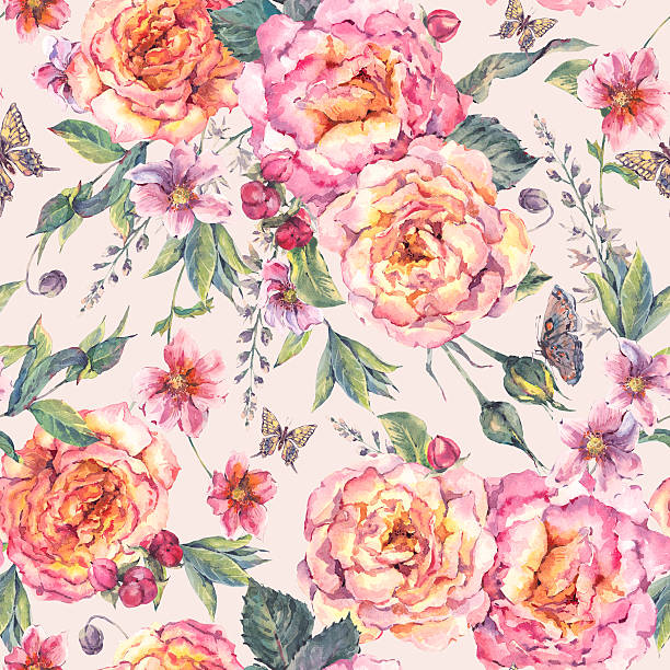 수채화 용 장미 원활한 배경 - foral pattern stock illustrations