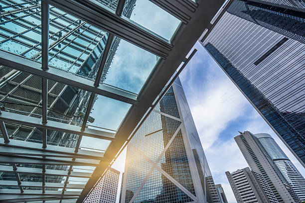 istock low angle view of skyscrapers through glass canopy 598178522