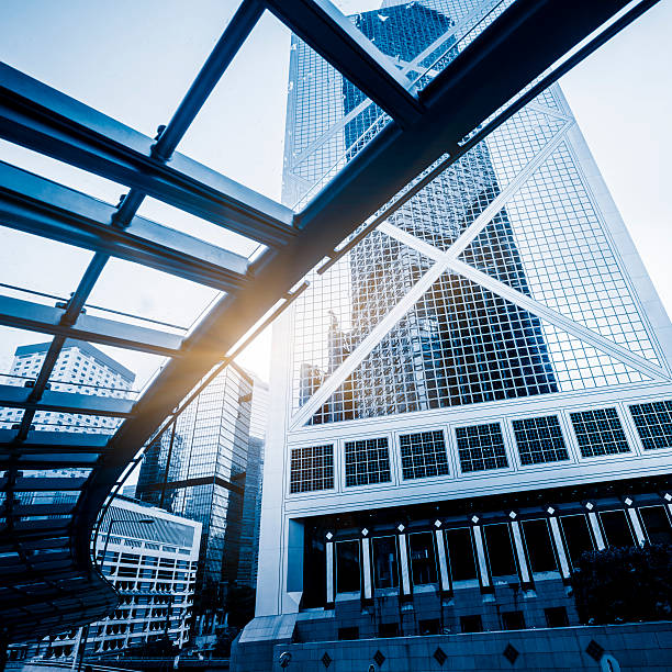 istock low angle view of skyscrapers through glass canopy 598215304