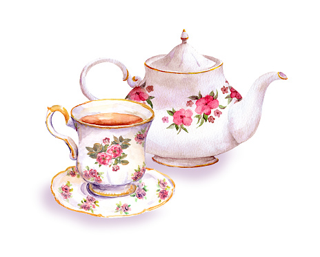 Teacup And Tea Pot With Flowers Watercolor Stock Illustration - Download  Image Now - Teapot, Watercolor Painting, Afternoon Tea - iStock