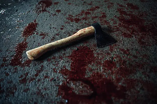 Bloody ax of maniac lying on the floor